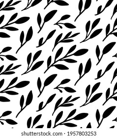 Seamless hand drawn floral pattern with leaves isolated on white background. Silhouette leaves for menu, greeting cards, wallpapers, covers.