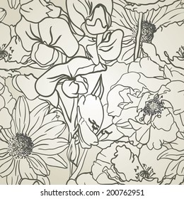 Seamless hand drawn Floral Pattern On Monochrome Background 