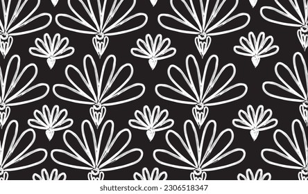 Seamless hand drawn floral pattern isolated on black background.
