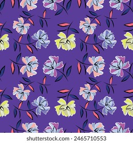 Seamless hand drawn floral pattern with black dotted leaf background in orange, yellow and green