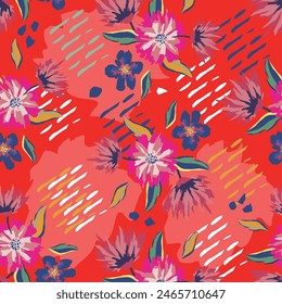 Seamless hand drawn floral pattern with black dotted leaf background in orange, yellow and green