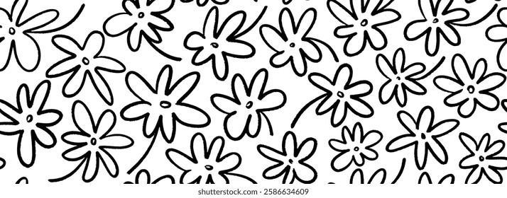Seamless hand drawn floral pattern. Paint drawn flower motif background for fabric, cover, decor, textile print. Repeating botanical brush stroke ornament. Vector black and white blossom wallpaper