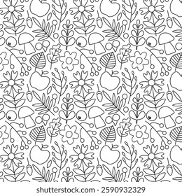 Seamless hand drawn floral pattern with leaves, flowers, mushrooms, apples, and acorns in black outline. Perfect for coloring pages, textiles, and design projects.