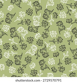 Padrão floral desenhado à mão sem costura com rabiscos botânicos na arte de linha de carvão escuro em fundo verde sálvia suave. Design de estilo escandinavo mínimo para têxteis, embalagens, papel de parede e projetos de marca.