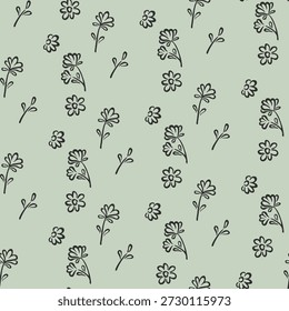 Padrão floral desenhado à mão sem costura com rabiscos botânicos em carvão escuro linear em fundo verde sálvia suave. Design de estilo escandinavo mínimo para têxteis, embalagens, papel de parede, projetos de marca