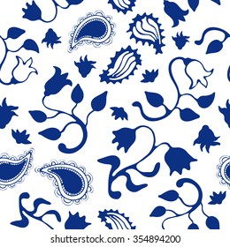Seamless hand drawn floral pattern with paisleys and tulips. Art Nouveau style. Oriental textile collection. Blue on white. Backgrounds & textures shop.