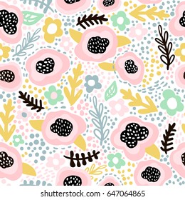Seamless hand drawn floral pattern in pink, mint,black colors. Great for fabric and textile. Vector Illustration