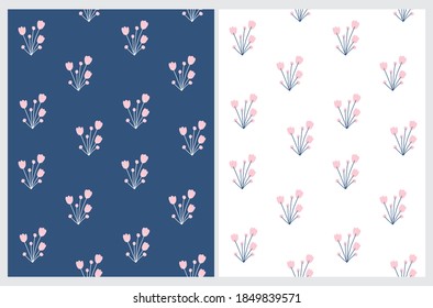 Seamless Hand Drawn Floral Vector Pattern. Pastel Pink Flowers Isoleted on a White and Dark Blue Background. Cute Simple Repeatable Abstract Garden Print ideal for Wrapping Paper, Fabric, Textile.