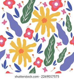seamless hand drawn floral  vector pattern with yellow pink flowers and blue and green leaves for textile wallpaper advertising social media cards packing