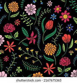 Flor dibujada a mano sin inconvenientes doodle patrón vectorial floral con fondo negro