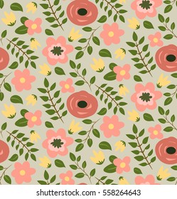 Seamless hand drawn flower pattern. Vector illustration on green background