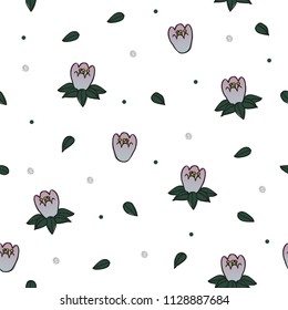 seamless hand drawn flower with silver dot glitter pattern on white background