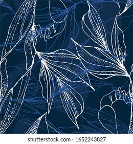 Seamless hand drawn flower vector pattern. White elements on dark blue background. Design for greeting cards, wedding, mother s day. Vector stock illustration