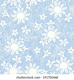 Seamless Hand Drawn Flowers and Foliage Background Pattern