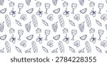 Seamless hand drawn food pattern with wine, cheese, bread, olives, grapes, seafood, and watermelon. Minimal doodle style background for packaging, textiles, and menus