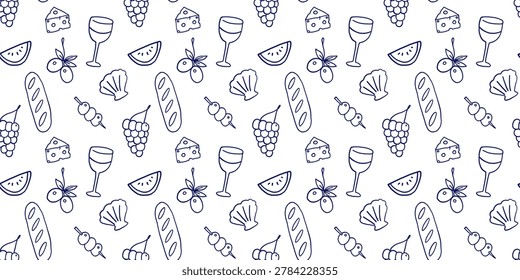 Seamless hand drawn food pattern with wine, cheese, bread, olives, grapes, seafood, and watermelon. Minimal doodle style background for packaging, textiles, and menus
