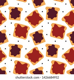 Seamless hand drawn food vector pattern. Jam toasts isolated on white background. Red and purple confiture. Roasted bread pieces. Healthy and tasty breakfast. Perfect for wallpaper or fabric.