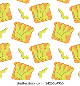 Seamless hand drawn food vector pattern. Avocato toasts isolated on white background. Green avocado slices. Roasted bread pieces. Healthy and tasty breakfast. Perfect for wallpaper or fabric.