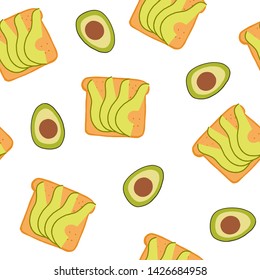 Patrón vectorial de alimentos dibujado a mano sin problemas. Tocas de aguacate aisladas sobre fondo blanco. Verdes rebanadas de aguacate. Pan tostado. Desayuno saludable y sabroso. Perfecto para papel pintado o tela.