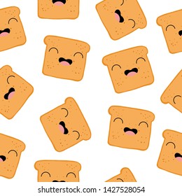 Seamless hand drawn food vector pattern. Toasts with kawaii emojis isolated on white background. Cute bread pieces. Healthy and tasty breakfast. Perfect for wallpaper or fabric.