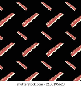 Seamless hand drawn fried bacon pattern vector isolated on black background. Design for wrapping paper, tablecloth, gift paper, background, wallpaper and decor.