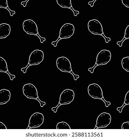 Seamless Hand Drawn Fried Chicken Legs Pattern Line Art Black Background