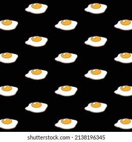 Seamless hand drawn fried egg pattern vector isolated on black background. Design for wrapping paper, tablecloth, gift paper, background, wallpaper and decor.