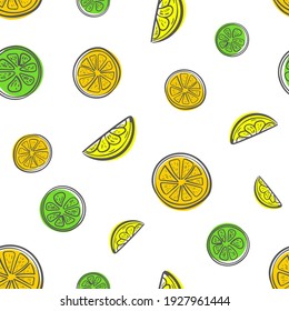 Seamless hand drawn fruit pattern. Citrus food concept. Orange, lime and lemon slices vector texture