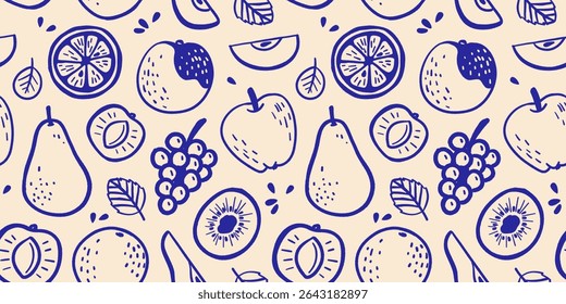 Seamless hand drawn fruit pattern in doodle line art style, apples, pears, bananas, oranges, grapes, kiwis, plums, summer fruits, simple flat blue sketch on beige background