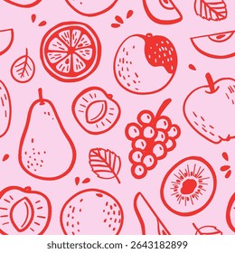 Seamless hand drawn fruit pattern in doodle line art style, apples, pears, bananas, oranges, grapes, kiwis, plums, summer fruits, simple flat red sketch on pink background