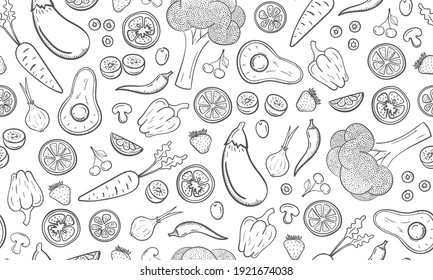 Seamless hand drawn fruit and vegetables pattern. Vegetarian healthy food concept. Monochrome vector vintage background