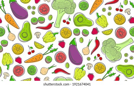 Seamless hand drawn fruit and vegetables pattern. Vegetarian healthy food concept. Colored vector pattern