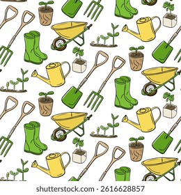 Seamless hand drawn garden pattern with tools, seedlings, boots and watering cans in green and yellow colors. Concept of gardening, springtime and eco-friendly lifestyle in a playful style