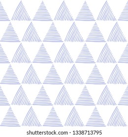 Seamless hand drawn geometric pattern with blue striped triangles.