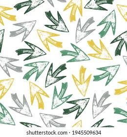 Seamless hand drawn geometric tribal pattern with arrows. Texture with tribal indian hand drawn arrows. Bright colored arrows on white background. Vector illustration. 
