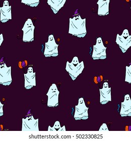 Seamless hand drawn ghost pattern. Pretty spooky characters.