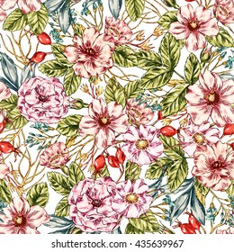 Seamless hand drawn graphic wild rose seamless pattern. Vector flower background illustration. Decorative backdrop for fabric, textile, wrapping paper, card, invitation, wallpaper, web design.