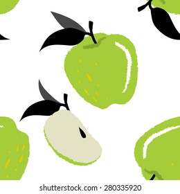 Seamless hand drawn green apple pattern on white background 