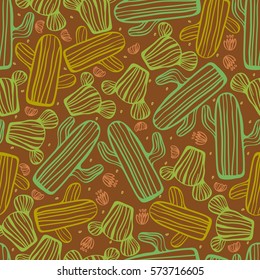 seamless hand drawn green  cactus with flower pattern background