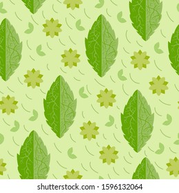 Seamless hand drawn green leaf pattern background. Repeat foliage vector illustration background.
