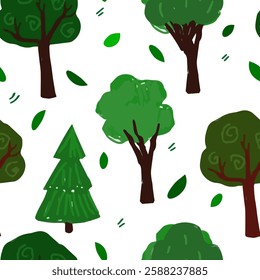 Seamless Hand Drawn Green Tree Pattern