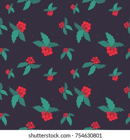 Seamless hand drawn grunge textures pattern with leaves and berries of Holly. Design element and Christmas attribute. Suitable for print, wallpaper, packaging.