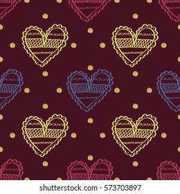 seamless hand drawn heart with gold dot glitter pattern background