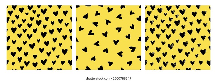 Seamless hand drawn heart pattern with a playful and modern look. Abstract black hearts on a yellow background. Perfect for Valentines Day, textiles, packaging, wallpapers, and romantic-themed designs