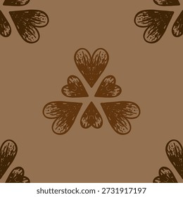Seamless hand drawn heart pattern with brown hearts on warm caramel beige background, ideal for textiles, wallpaper, baby products, wrapping paper and cozy boho or scandi interiors