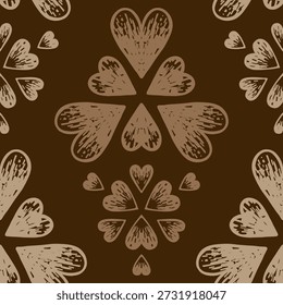 Seamless hand drawn heart pattern in neutral brown and beige tones with rustic texture, suitable for textiles, wallpaper, baby products, wrapping paper and modern scandi or boho interiors
