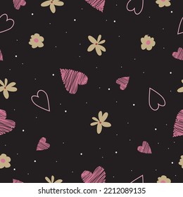 Seamless hand drawn heart shape and cute flower  pattern background wallpaper,gift wrapping,packaging,valentine card, brochure cover template design.
