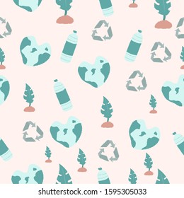Seamless hand drawn heart shaped earth, plastic bottle, plant and recycle logo pattern. World environmental day background vector illustration.