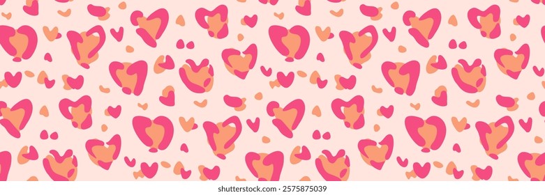 Seamless hand drawn heart shaped leopard skin pattern. Creative pink wallpaper, modern playful ornament. Cute trendy colorful background, for romantic designs, valentines, print, packaging, fabric.