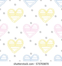 seamless hand drawn heart with silver dot glitter pattern background